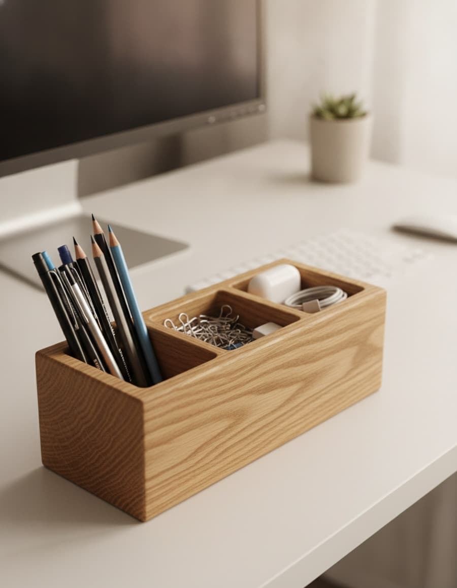 Oak desk organizer — 3 compartments