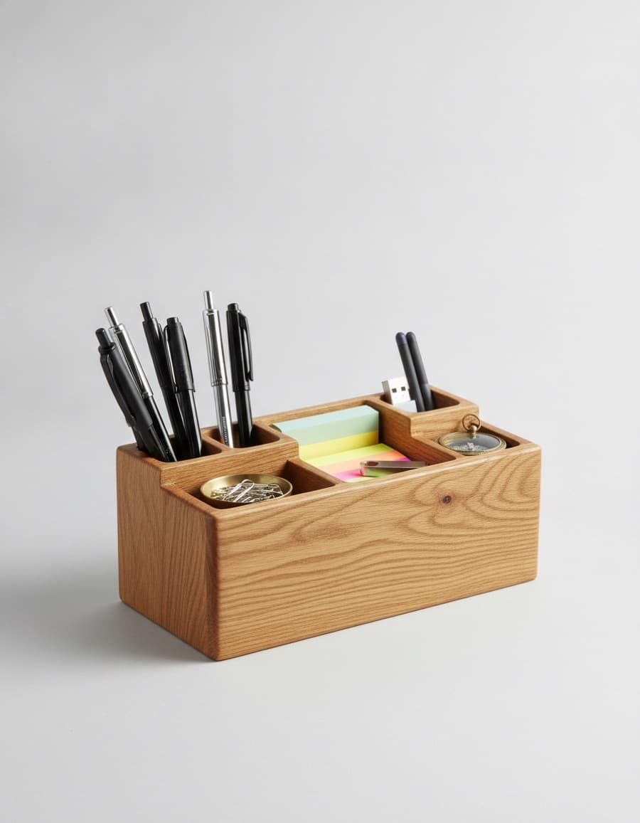 Oak desk organizer — 3 compartments